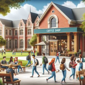 The picture is an AI-generated rendering of a college campus.