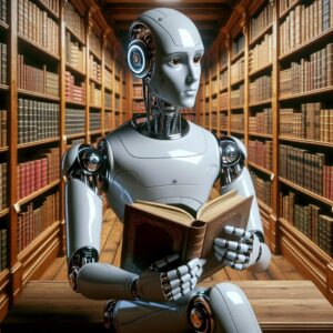 The picture shows a robot holding an open book in the middle of a library to represent AI.