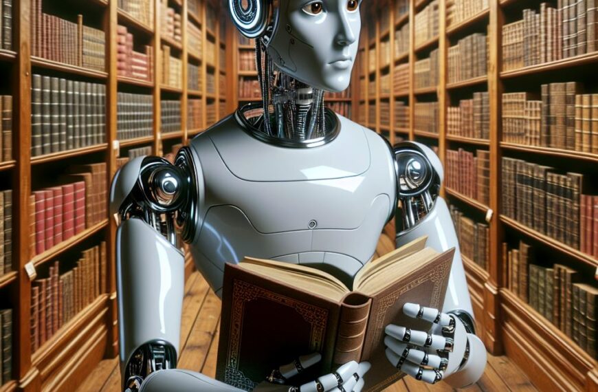 The picture shows a robot holding an open book in the middle of a library to represent AI.