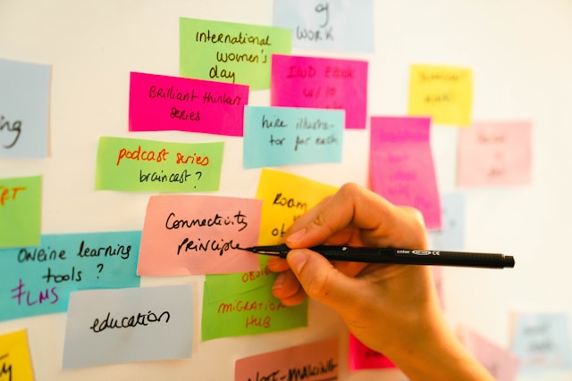 The picture shows a white covered in multicolored sticky notes, a part of the SWOT process.